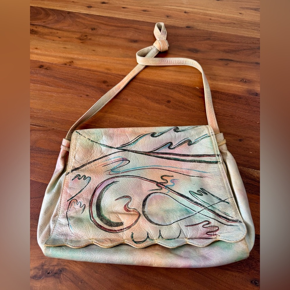 1980s VTG BOTARY HAND PAINTED LEATHER PURSE SHOULDER BAG TAN PiNK MULTI BOHO